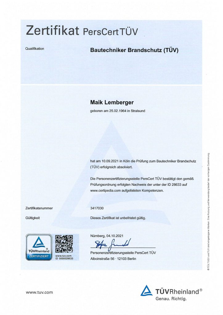 Zertifikat Bautechniker Brandschutz vom TÜV Rheinland für Maik Lemberger